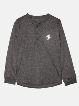 KiddoPanti - Grey Solid Full Sleeve Henley Neck Rib T-Shirt