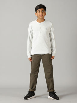 KiddoPanti - Off White Solid Full Sleeve Henley Neck Rib T-Shirt