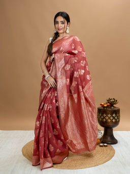 Hella Fashions - Pink Floral Saree with Unstitched Blouse