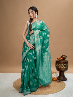 Hella Fashions - Green Floral Saree with Unstitched Blouse