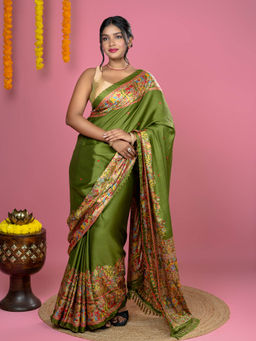 Hella Fashions - Henna Green Kutch Print Saree with Unstitched Blouse