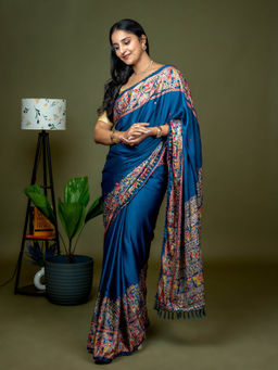 Hella Fashions - Teal Kutch Print Saree with Unstitched Blouse