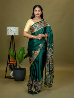 Hella Fashions - Dark Green Kutch Print Saree with Unstitched Blouse