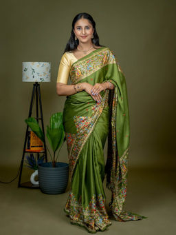 Hella Fashions - Henna Green Kutch Print Saree with Unstitched Blouse