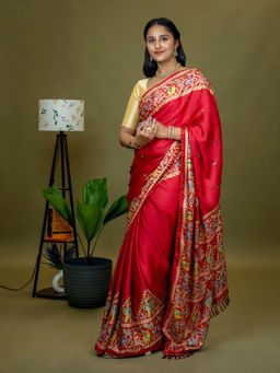 Hella Fashions - Red Kutch Print Saree with Unstitched Blouse
