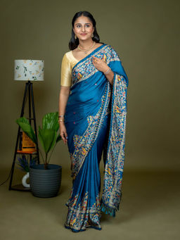 Hella Fashions - Teal Kutch Print Saree with Unstitched Blouse