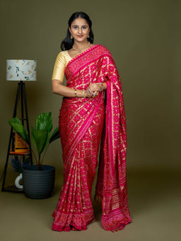 Hella Fashions - Fuchsia Pink Bhandani Saree with Unstitched Blouse