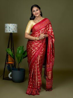 Hella Fashions - Red Bhandani Saree with Unstitched Blouse