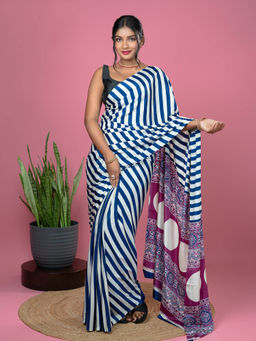 Hella Fashions - Blue Ajrakh Digital Print Saree with Unstitched Blouse