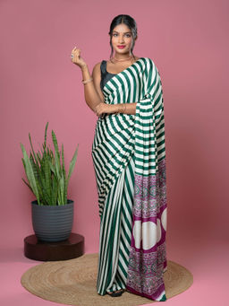 Hella Fashions - Dark Green Ajrakh Digital Print Saree with Unstitched Blouse