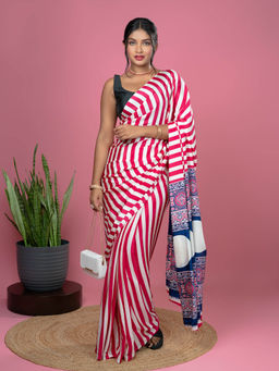 Hella Fashions - Fuchsia Ajrakh Digital Print Saree with Unstitched Blouse