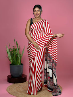 Hella Fashions - Red Ajrakh Digital Print Saree with Unstitched Blouse