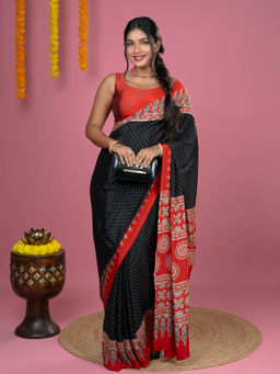 Hella Fashions - Black Ajrakh Digital Print Saree with Unstitched Blouse