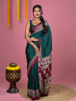 Hella Fashions - Dark Green Ajrakh Digital Print Saree with Unstitched Blouse