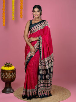 Hella Fashions - Fuchsia Ajrakh Digital Print Saree with Unstitched Blouse