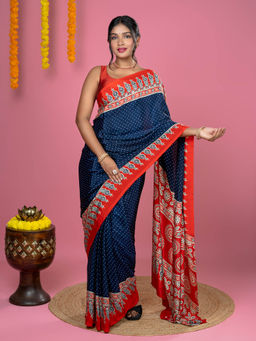 Hella Fashions - Navy Blue Ajrakh Digital Print Saree with Unstitched Blouse