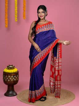 Hella Fashions - Purple Ajrakh Digital Print Saree with Unstitched Blouse