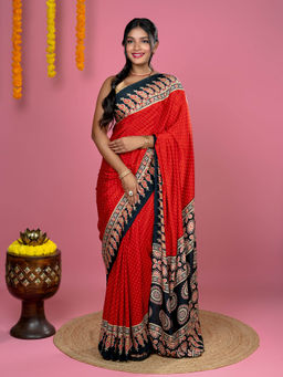 Hella Fashions - Red Ajrakh Digital Print Saree with Unstitched Blouse