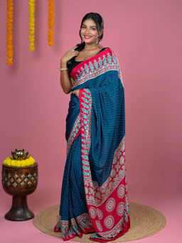 Hella Fashions - Teal Ajrakh Digital Print Saree with Unstitched Blouse