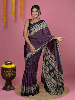 Hella Fashions - Purple Ajrakh Digital Print Saree with Unstitched Blouse