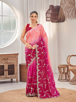Manohari - Womens Dual Tone Pink and Peach Saree with Unstitched Blouse