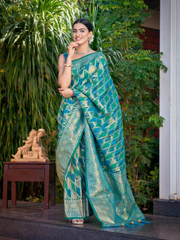 Manohari - Women's Banarasi Satin Silk Woven Turquoise Saree with Unstitched Blouse