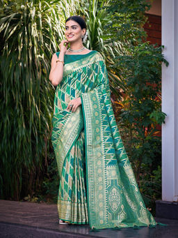 Manohari - Womens Banarasi Satin Silk Woven Aqua Green Saree with Unstitched Blouse
