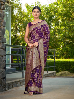 Manohari - Womens Banarasi Satin Silk Woven Purple Saree with Unstitched Blouse
