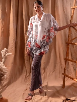 First Resort by Ramola Bachchan - Red And Grey Floral Top And Pleated Palazzo (Set of 2)