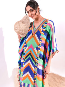 First Resort by Ramola Bachchan - Blue And Orange Striped Mid Length Kaftan