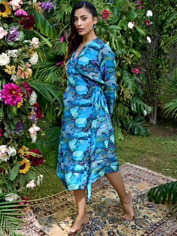 First Resort by Ramola Bachchan - Blue & Green Sea Jungle Print Wrap Around Dress