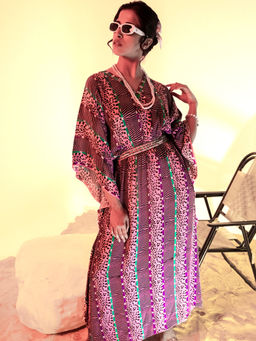 First Resort by Ramola Bachchan - Mauve Animal Print Silk Flared Sleeves Kaftan Dress