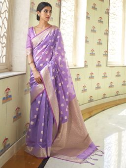 Akhilam - Women Silk Blend Lavender Woven Design Handloom Saree with Blouse Piece