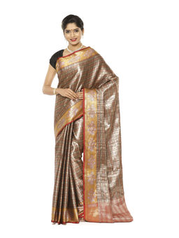 Banarasi Silk Works - Gold & Brown Paithani Zari Meena Pattu Border Art Saree with Unstitched Blouse