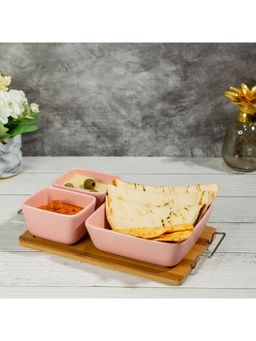 EZ Life - Poppy Pink 3 Ceramic Bowls Set on Wooden Tray