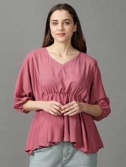 SHOWOFF - Womens Three-Fourth Sleeves V-Neck Pink Solid Top