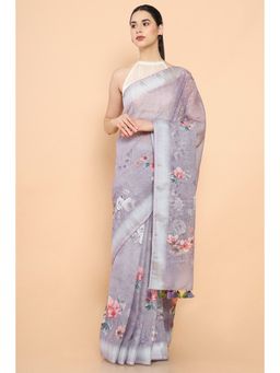 Soch - Women Purple Linen Floral Saree with Unstitched Blouse