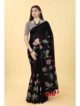 Silk Land - Womens Black Floral Digital Printed Saree with Unstitched Blouse