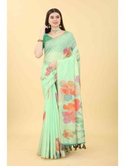 Silk Land - Womens Green Floral Digital Printed Saree with Unstitched Blouse