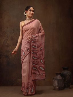 Silk Land - Women Peach Printed Cotton Blend Saree with Unstitched Blouse