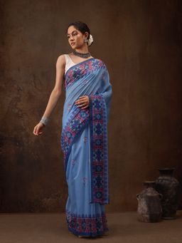 Silk Land - Blue Floral Printed Cotton Blend Saree with Unstitched Blouse