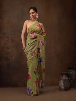 Silk Land - Olive Chiffon Floral Digital Print Floral Saree with Unstitched Blouse
