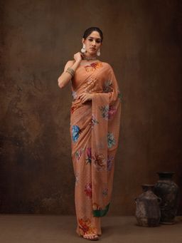 Silk Land - Peach Chiffon Floral Digital Print Floral Saree with Unstitched Blouse