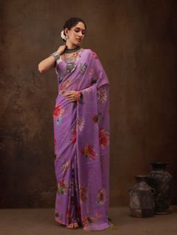 Silk Land - Purple Chiffon Floral Digital Print Floral Saree with Unstitched Blouse