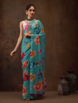 Silk Land - Teal Chiffon Floral Digital Print Floral Saree with Unstitched Blouse