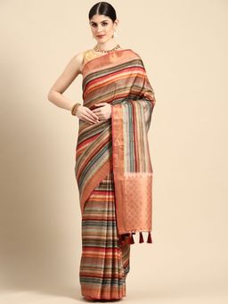 Silk Land - Womens Multi-Color Chanderi Silk Stripes Saree with Unstitched Blouse