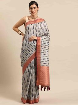 Silk Land - Womens Grey and Navy Blue Chanderi Silk Print Saree with Unstitched Blouse