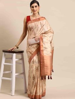 Silk Land - Womens Light Peach Chanderi Silk Print Saree with Unstitched Blouse