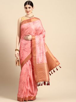 Silk Land - Womens Pink Chanderi Silk Print Saree with Unstitched Blouse