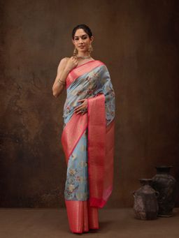Silk Land - Blue Printed Kalamkari Art Silk Saree with Unstitched Blouse